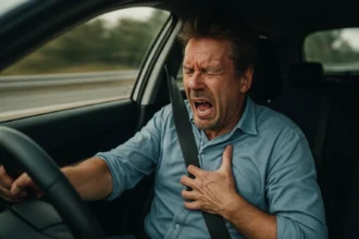 Muž trpiaci stresom a úzkosťou pri šoférovaní auta.