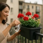 Žena polieva kvety v samozavlažovacom kvetináči na balkóne.