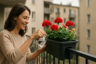 Žena polieva kvety v samozavlažovacom kvetináči na balkóne.