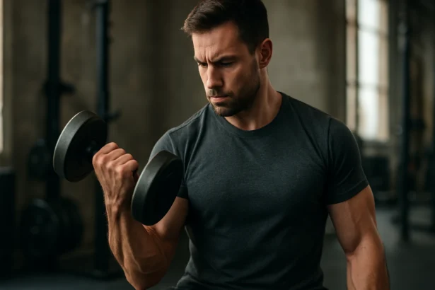 Muž posilňujúci ruku s činkou v posilňovni