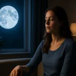 Žena meditujúca pri okne s modrým mesiacom v pozadí