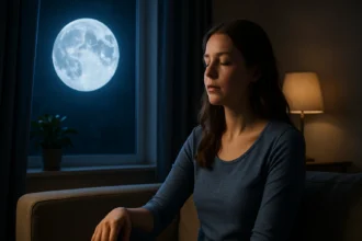Žena meditujúca pri okne s modrým mesiacom v pozadí