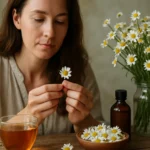 Žena skúma kvety sedmokrásky s čajom a liečivými produktmi.