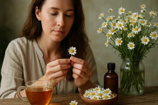 Žena skúma kvety sedmokrásky s čajom a liečivými produktmi.