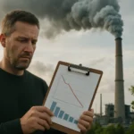 Muž s grafom v ruke sleduje znečistenie zo zvýšených komínov.