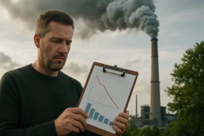 Muž s grafom v ruke sleduje znečistenie zo zvýšených komínov.
