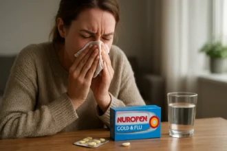 Žena trpiaca prechladnutím s Nurofen Cold & Flu a sklenicou vody.