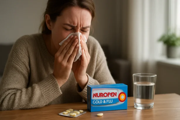 Žena trpiaca prechladnutím s Nurofen Cold & Flu a sklenicou vody.