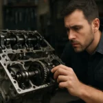 Mechanik pracuje na V-motore, skúma jeho zloženie a funkciu.