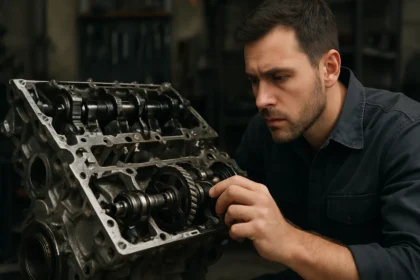 Mechanik pracuje na V-motore, skúma jeho zloženie a funkciu.