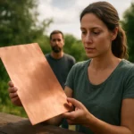 Žena skúma medenú plachtu v prírode