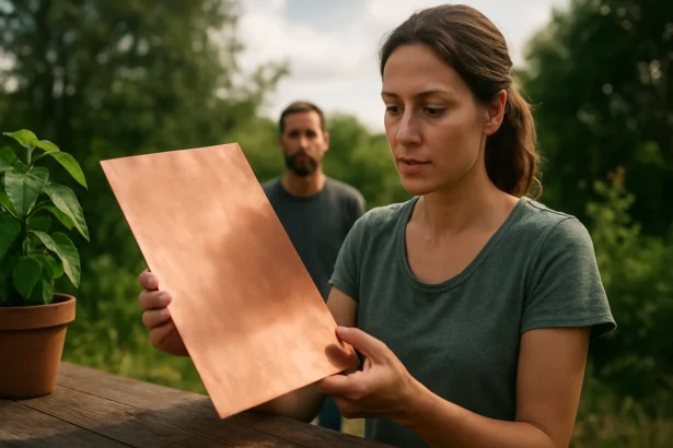 Žena skúma medenú plachtu v prírode