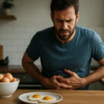 Muž so žalúdočnými problémami pri vajciach na tanieri