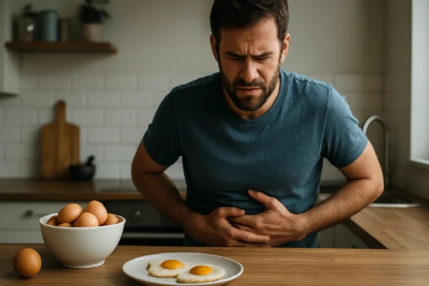 Muž so žalúdočnými problémami pri vajciach na tanieri
