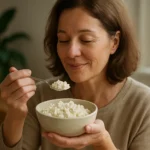 Žena si pochutnáva na tvarohu a vychutnáva si jeho chute