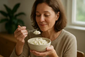 Žena si pochutnáva na tvarohu a vychutnáva si jeho chute