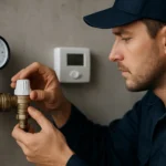 Technik nastavuje termostatický zmiešavací ventil na vykurovacom systéme.