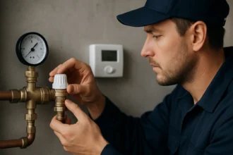 Technik nastavuje termostatický zmiešavací ventil na vykurovacom systéme.