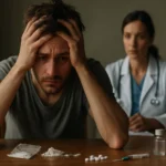 Muž s problémom s drogami v klinickej atmosfére s odborníkom