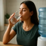 Žena pije vodu z pohára, zdravý životný štýl a hydratácia.