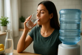 Žena pije vodu z pohára, zdravý životný štýl a hydratácia.