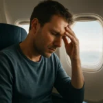 Muž trpiaci bolesťou hlavy počas letu v lietadle.