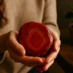 Osoba drží červený achát, ktorý symbolizuje energiu a vitalitu.