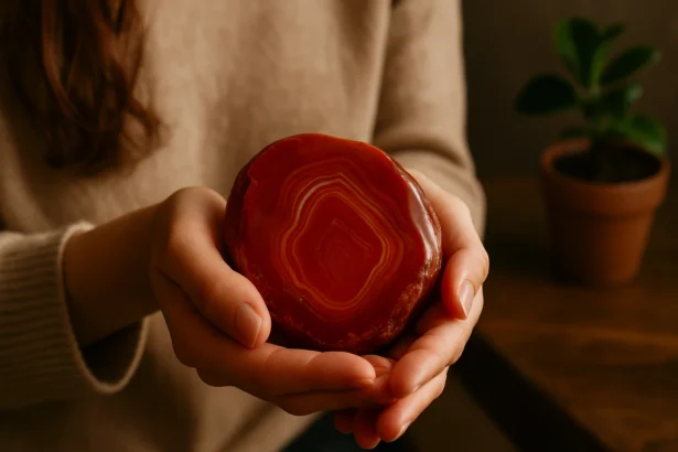 Osoba drží červený achát, ktorý symbolizuje energiu a vitalitu.