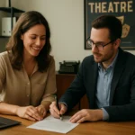 Pár diskutuje o registrovanom partnerstve za pracovným stolom.