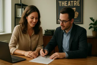 Pár diskutuje o registrovanom partnerstve za pracovným stolom.