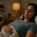 Žena ležiaca v posteli s pohľadom na liek v ruke, melatonín a plodnosť.