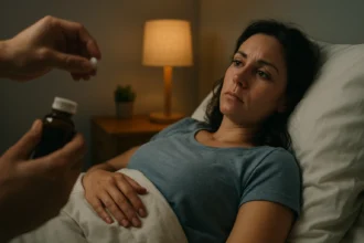 Žena ležiaca v posteli s pohľadom na liek v ruke, melatonín a plodnosť.