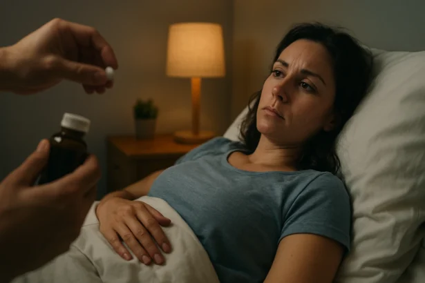 Žena ležiaca v posteli s pohľadom na liek v ruke, melatonín a plodnosť.