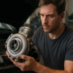 Muž skúma turbínu pre zvýšenie výkonu auta.