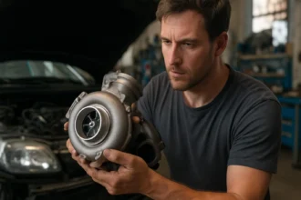 Muž skúma turbínu pre zvýšenie výkonu auta.