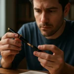 Muž skúma písacie pero so zlatým detailom v interiéri.