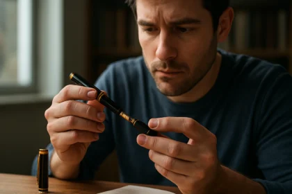 Muž skúma písacie pero so zlatým detailom v interiéri.