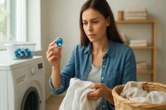 Žena s prací kapsulou a bielizňou v práčovni