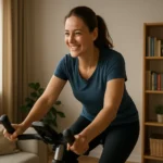 Šťastná žena cvičí na stacionárnom bicykli doma