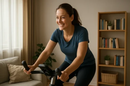 Šťastná žena cvičí na stacionárnom bicykli doma