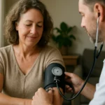 Muž meria krvný tlak ženy pri kontrolnej návšteve u lekára.