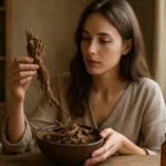 Žena skúma tajgagyöker a jeho výhody na zdravie