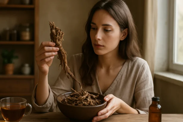 Žena skúma tajgagyöker a jeho výhody na zdravie