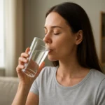 Žena pije anglickú vodu z pohára pre zdravie a pohodu