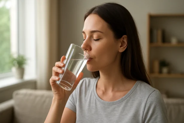 Žena pije anglickú vodu z pohára pre zdravie a pohodu