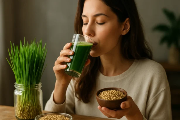 Žena pije zelený nápoj z jačmeňa a drží misu s jačmennými zrnkami.