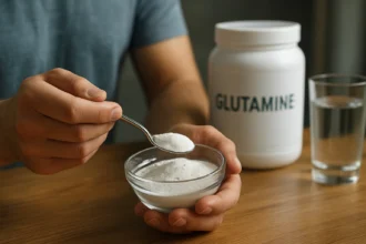 Muž drží lyžicu s glutamínom a sklenenú misku s práškom.