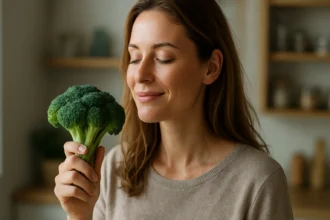 Žena si užíva čerstvú brokolicu v kuchyni.