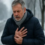 Muž trpiaci bolesťami na hrudníku počas chladného zimného dňa.