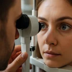 Očný test: Lekár vyšetruje zrak pacientky pomocou prístroja.